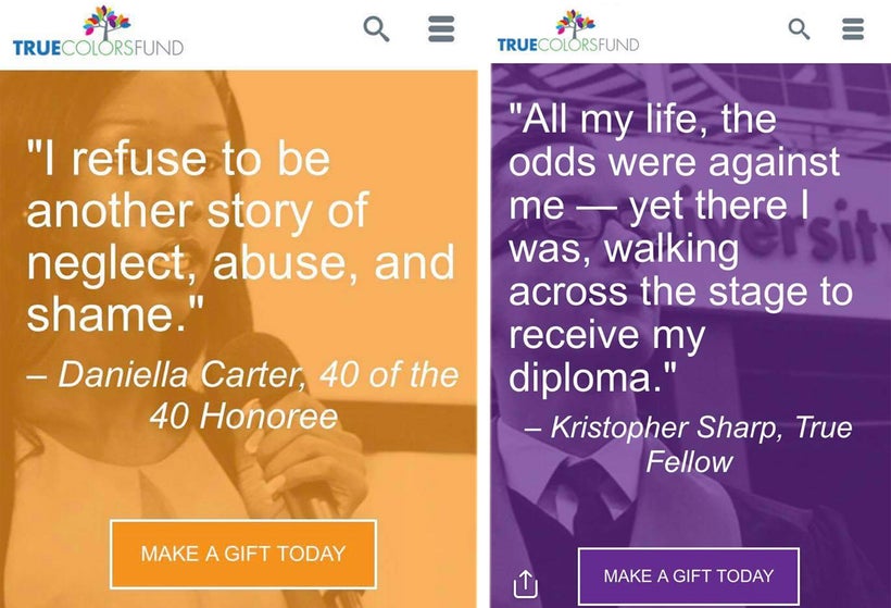 Screenshots taken from the True Colors Fund website in October of 2017 soliciting donations with images and quotes from Danie