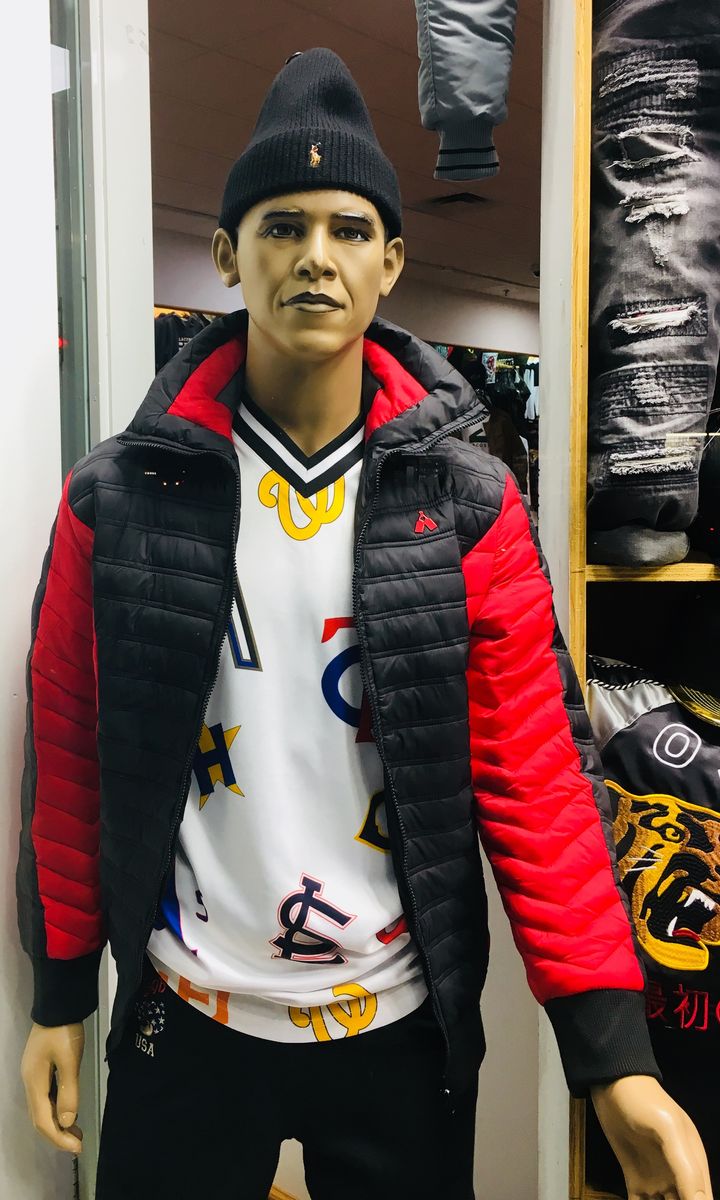Obama’s twin mannequin is adorned with the latest Brooklyn “swag” from head to toe.