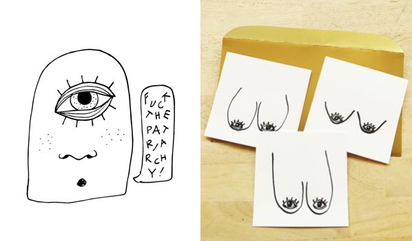 <p>Hannah Leathers’ “dood” and “When Women Stare Back” pieces.</p>