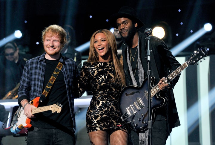 Ed Sheeran, Beyoncé and Gary Clark Jr. performing together on Feb. 10, 2015.