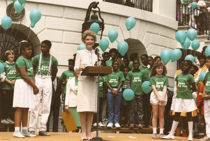 Nancy Reagan at a "Just Say No" rally at the White House on May 22, 1986 via<a rel="nofollow" href="http://www.scpr
