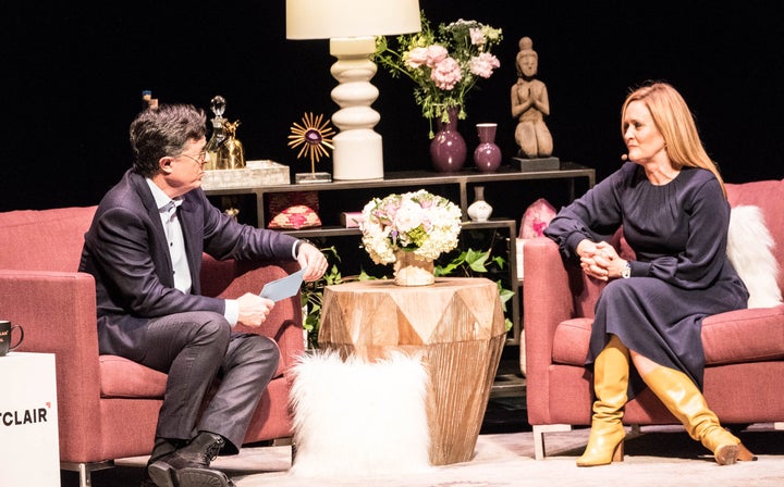 Stephen Colbert and Samantha Bee speak onstage at “Sad! A Happy Evening with Stephen Colbert & Samantha Bee”