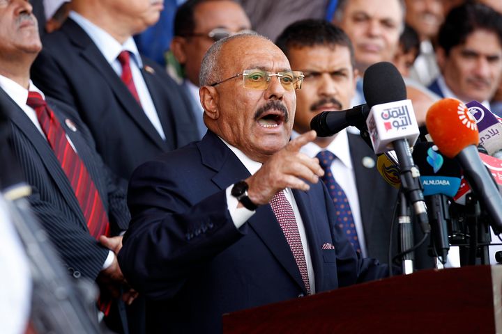 Ali Abdullah Saleh addresses supporters at a rally in August.