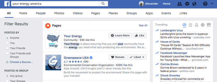 A screenshot of results from searching the phrase "Your Energy America" on Facebook.