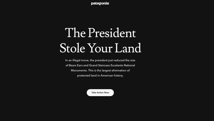 Patagonia's home page reflected the company's anger over the reduction of federal lands.
