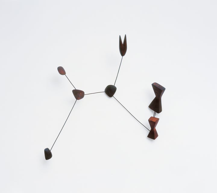 Alexander Calder, Constellation, 1943, wood and wire, 25 x 21 x 6 3/4 in (63.5 x 53.3 x 17.2 cm). Calder designed his mobiles and stabiles to invoke the missiles, propellers and flying debris of warfare in the 1920s, ‘30s and ‘40s, but here it proves to be just as evocative of the militaristic satellite-to-drone operations threatening global populations a century later.