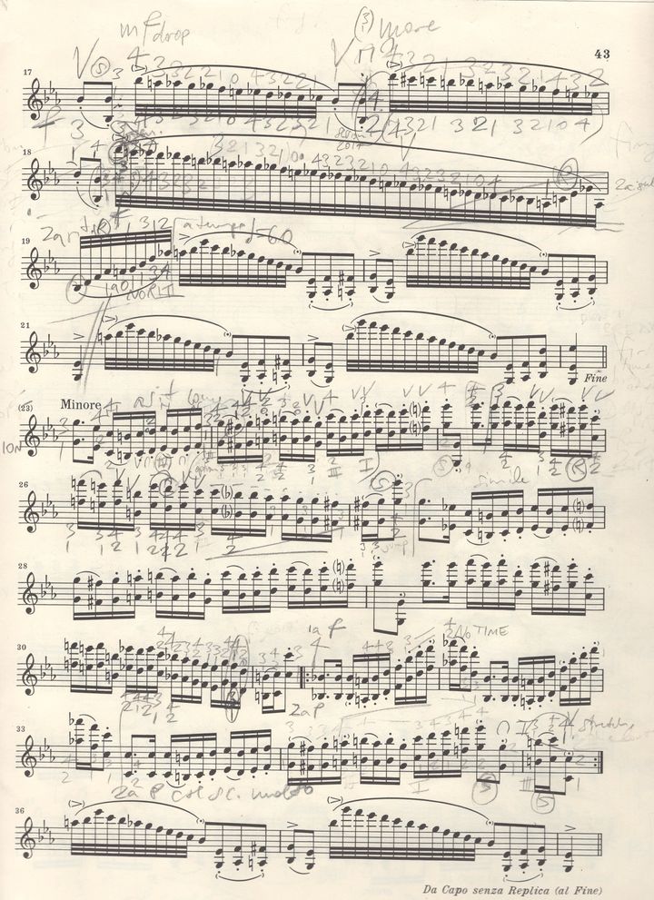 A page from the music for Paganini’s Caprice No. 17 with Augustin Hadelich’s fingerings and markings.
