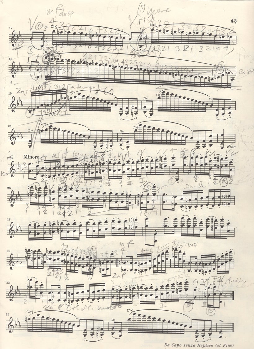 A page from the music for Paganini’s <em>Caprice No. 17</em> with Augustin Hadelich’s fingerings and markings.