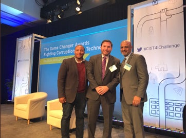 ID Founder and CEO Blake Hall (center), IBM Vice President Rizwan Khaliq (right), and me (left)