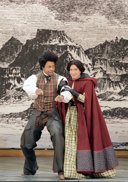 Davóne Tines as Ned Peters and Julia Bullock as Dame Shirley in a scene from Girls of the Golden West 