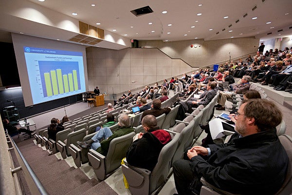 A budget meeting from 2012 at the University of Delaware.