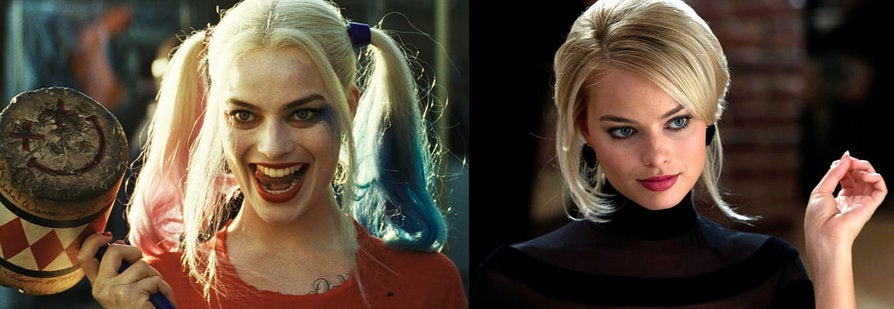 Margot Robbie in, left, "Suicide Squad" and "The Wolf of Wall Street."