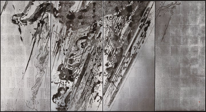 Takafumi Asakura, Manifesting the Existential Duality of the Path Ahead, 2016, Black ink on aluminum leaf, 65 x 128 in.