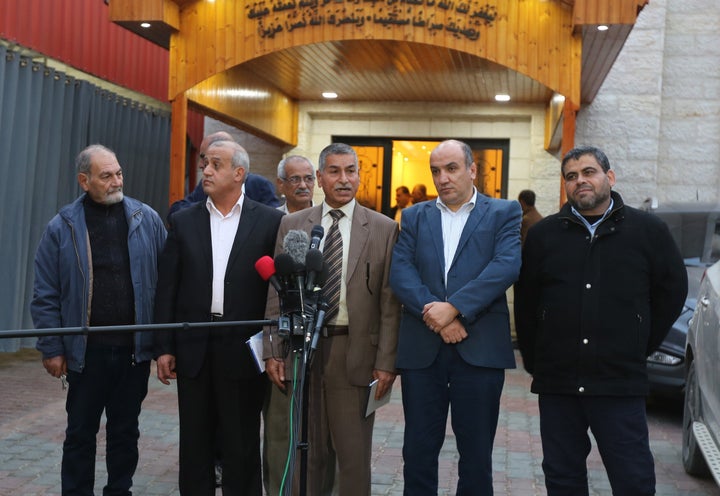 A member of the Political Bureau of the Democratic Front for the Liberation Of Palestine, Talal Abu Zarifa (third from right) speaks to the press regarding the relocation of the U.S. embassy in Israel from Tel Aviv to Jerusalem on December 5, 2017.