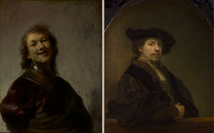 L: Rembrandt Laughing, about 1628. Rembrandt van Rijn. Oil on copper. J. Paul Getty Museum, Los Angeles. Image courtesy of The Getty. R: Self Portrait at the Age of 34, 1640. Rembrandt van Rijn. Oil on canvas. © The National Gallery, London. 