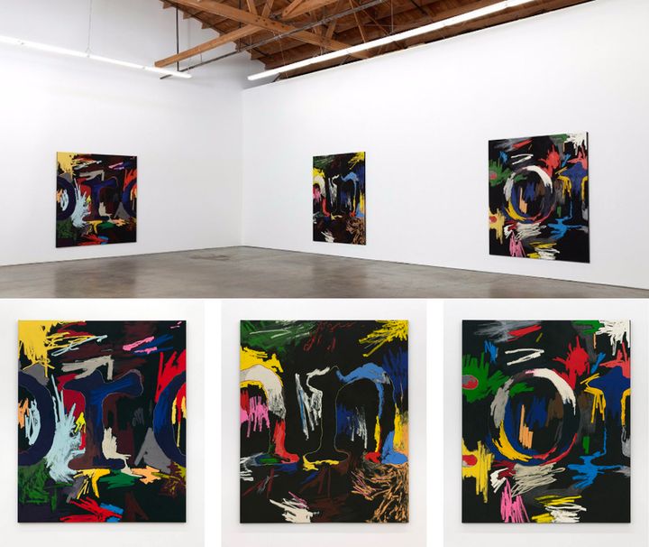 Top: Installation view, William Anastasi. Ghebaly Gallery, Los Angeles. Bottom: Canvases from William Anastasi’s Bababad series. Images courtesy of the gallery.