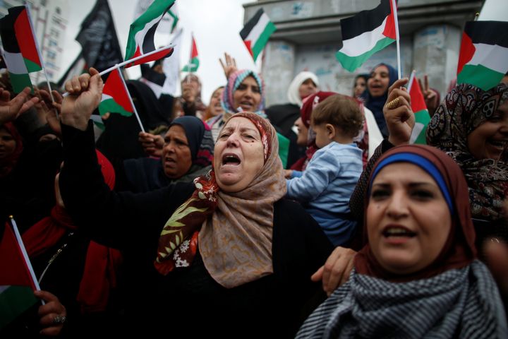 Palestinian women voice their anger during protests against Trump in Gaza City