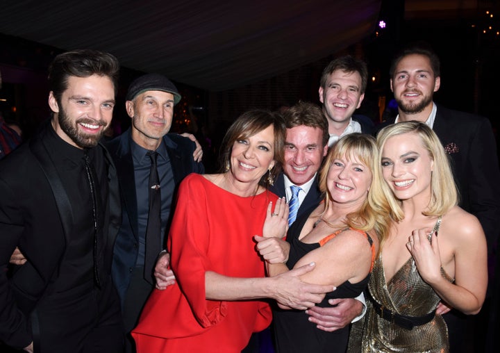 From left: Sebastian Stan, Craig Gillespie, Allison Janey, Steven Rogers, Bryan Unkeless, Tonya Harding, Ricky Russert and Margot Robbie pose together.