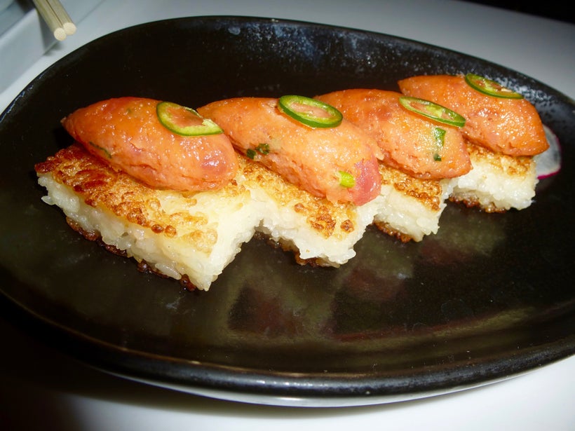 The Crispy Rice with Spicy Tuna, a rectangle of seared rice crowned by a perfectly spiced sliver of raw tuna, is a specialty