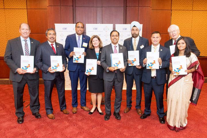  Congressional members and business leaders with India’s Ambassador to the US, Navtej Sarna, at the report’s release [Image Source: Confederation of Indian Industry] 