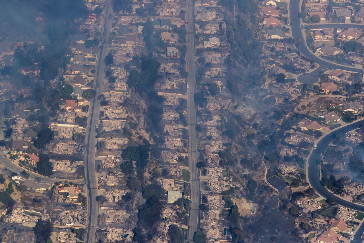 One of the wildfires plaguing Southern California destroyed dozens of homes in a Ventura County neighborhood.