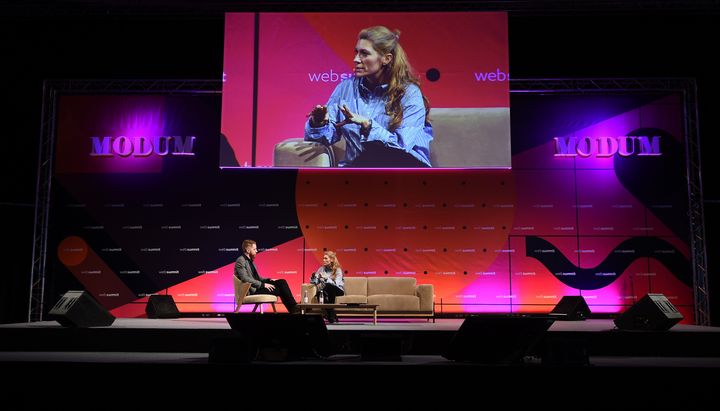 Marie-Claire Daveu onstage at Web Summit with Derek Mead, VICE's Global Executive Editor 