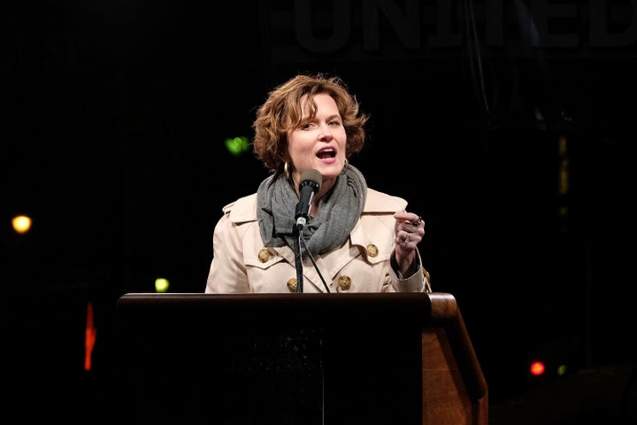 Betsy Hodges at a "We Stand United" rally in New York City the day before Trump's inauguration.