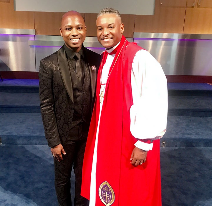 <p>Vaughn Alvarez with his pastor, mentor, and client, Bishop Oliver Clyde Allen, III</p>