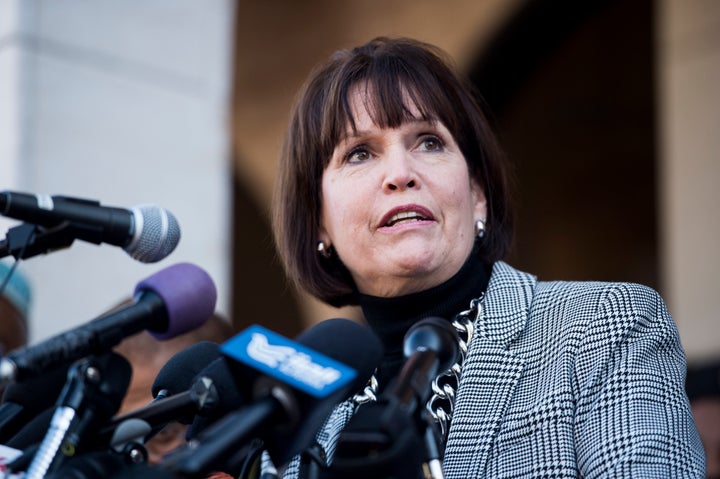 Rep. Betty McCollum (D-Minn.) speaks to the media after prayers at the Dar Al-Hijrah Mosque in Falls Church, Virginia, in 2015.