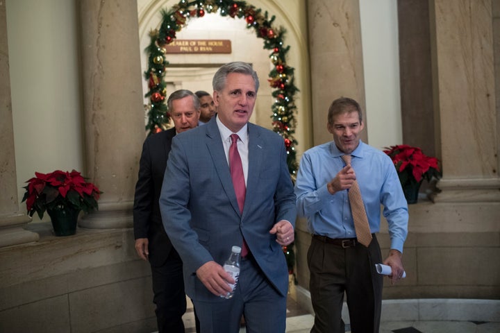 Rep. Mark Meadows (R-N.C.), House Majority Leader Kevin McCarthy (R-Calif.) and Rep. Jim Jordan (R-Ohio) leave a meeting on Dec. 6, 2017.