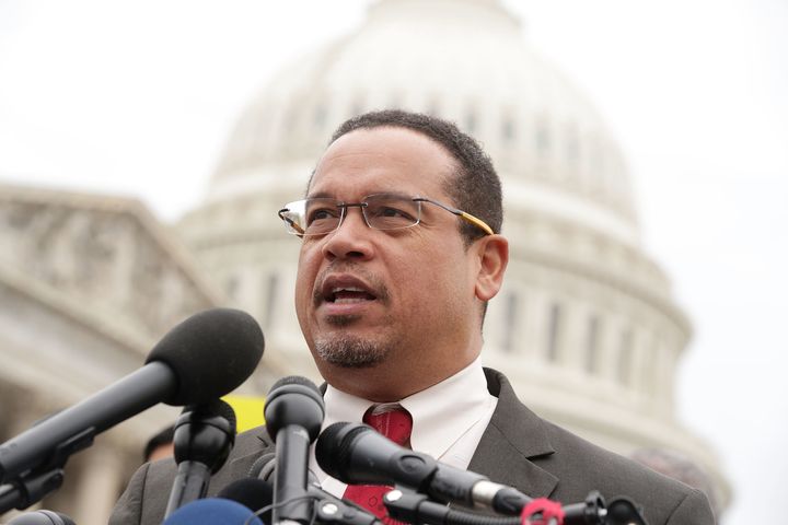 Keith Ellison speaks out against Trump's travel ban in Washington, D.C., in February.