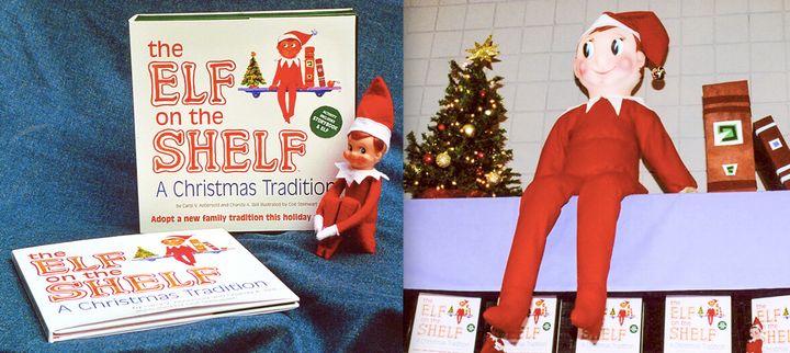 Left: The first product shots taken by Chanda Bell in her parents' backyard in 2004. Right: The first Elf on the Shelf trade show booth at Mistletoe Market in Marietta, Georgia, in 2005.