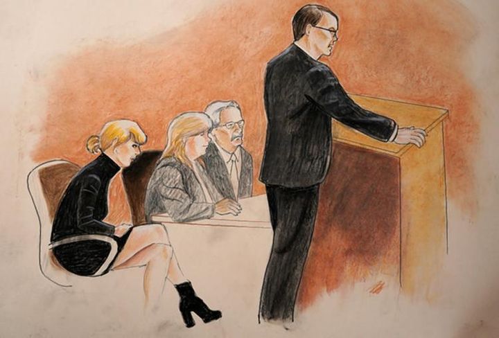 Courtroom sketch of Taylor Swift, her mother Andrea and her legal team during closing arguments.