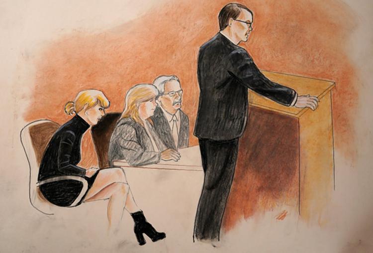 Courtroom sketch of Taylor Swift, her mother Andrea and her legal team during closing arguments.