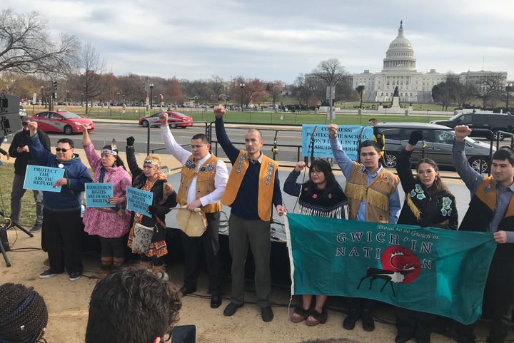 Members of the Gwich’in Nation and Inupiaq tribe rally outside the U.S. Capitol to protest the GOP-led effort to open Alaska's fragile Arctic National Wildlife Refuge to oil and gas development.