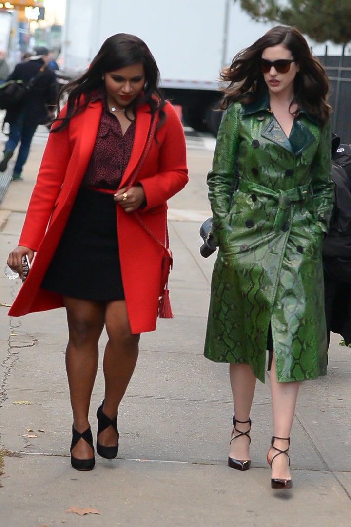 Anne Hathaway and Mindy Kaling pictured on set in New York.