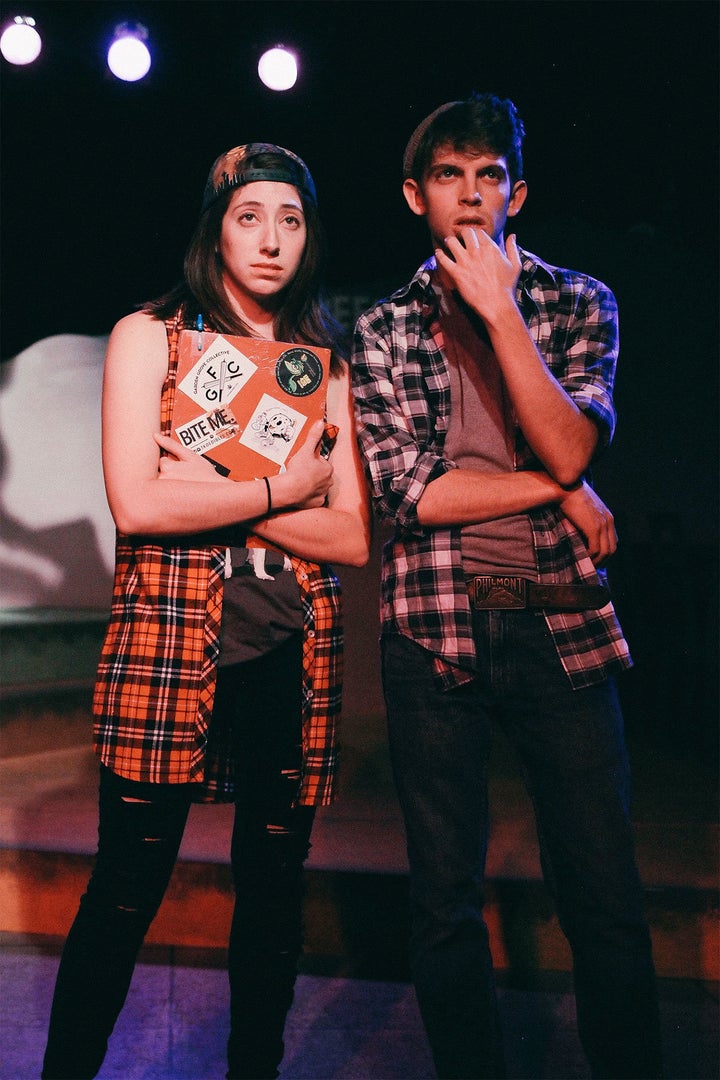 Nate Werner as Dave, right, and his sidekick Kyle, played by Mandie Hittleman, left, in “Weed Shop the Musical.”