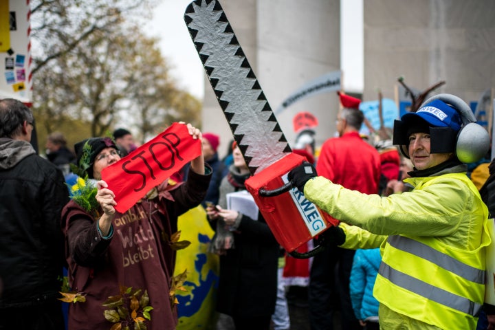 Climate change activists are accompanied by carnival goers during a protest march near the COP 23 Climate Change Conference on November 11, 2017 in Bonn, Germany.