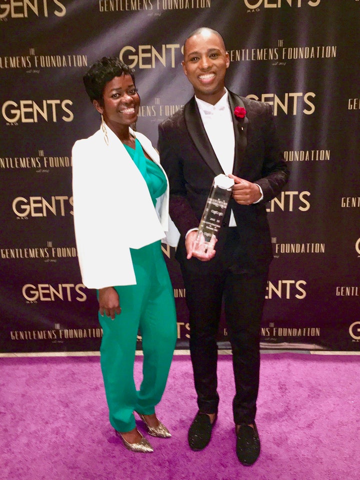 <p>Vaughn Alvarez receives the Gentlemen of Promise Award with Saptosa Foster attending the awards ceremony</p>