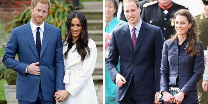 Prince Harry and Meghan Markle announced their engagement last week. To the right, Prince William and Kate Middleton are pictured three weeks before their wedding.