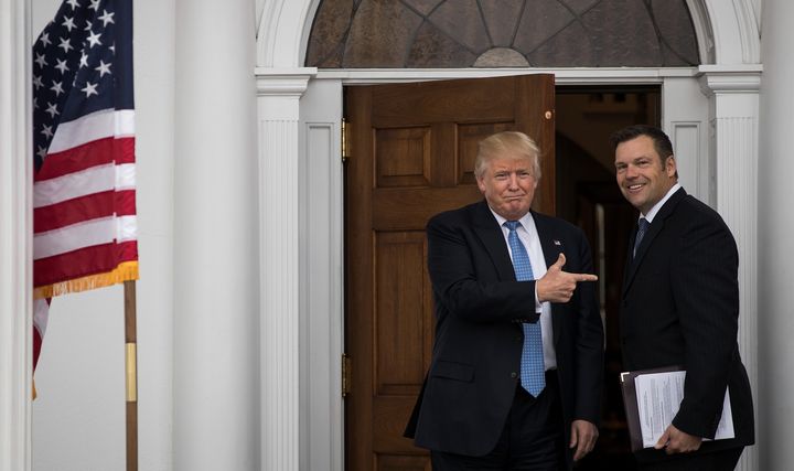 Donald Trump with Kansas Secretary of State Kris Kobach, whom he would name to lead an inquiry on voter fraud, on Nov. 20, 2016.