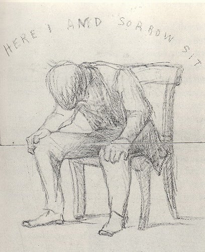 <p>Young William James Burdened With Troubles:</p><p>While searching for direction in his twenties, and weighed down with vocational indecision, philosophical uncertainty, nagging health problems, persistent melancholy, and worries that he would never marry, he supplied his own caption, “Here I and Sorrow Sit.” </p>