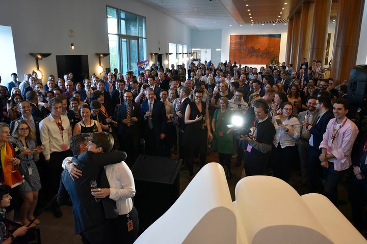 Celebrations take place for supporters of the passing of the marriage equality bill on December 7, 2017 in Canberra, Australia