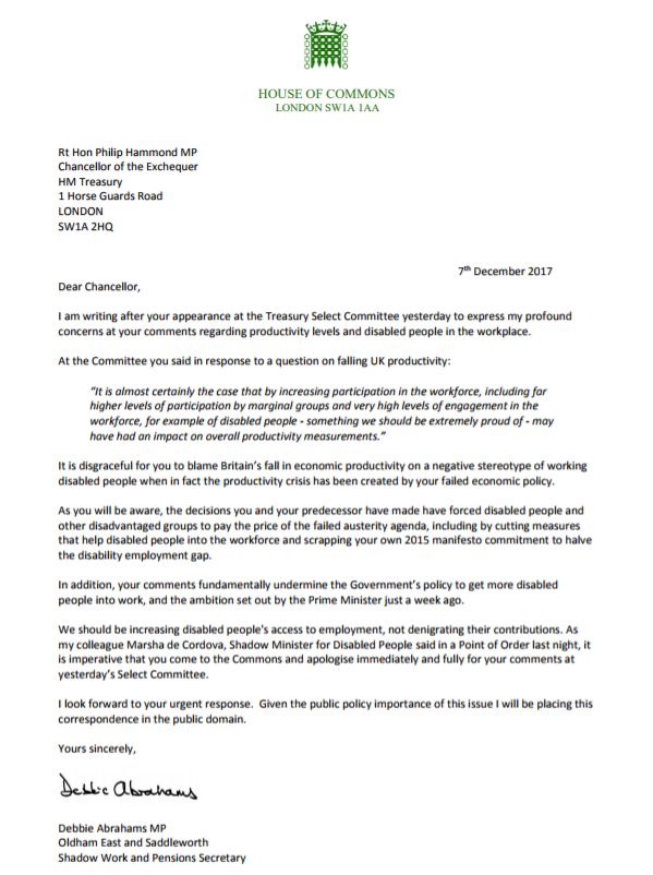 The full text of the letter from Debbie Abrahams