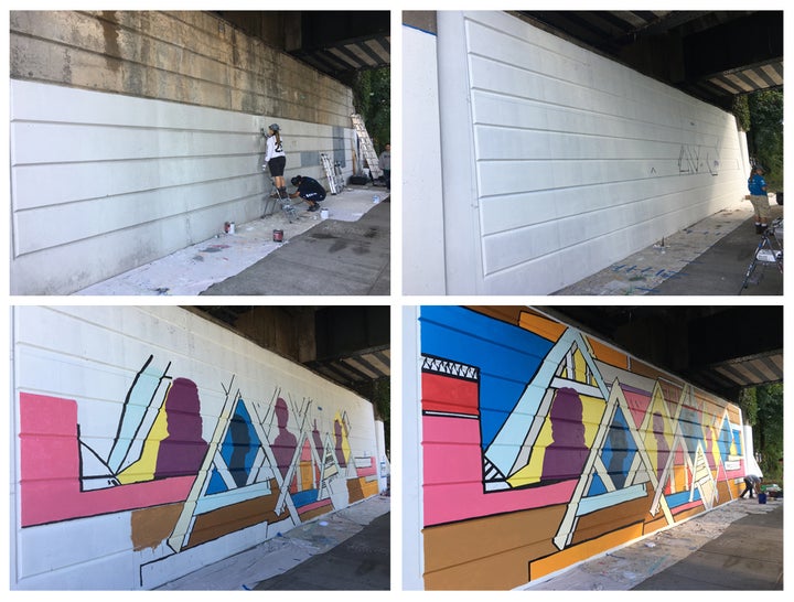 <p><em>Photos depicting the progress of a mural in Laurelton, Queens. The completed mural design features an abstract depiction of the Tudor homes of Laurelton with silhouettes of elders of the community who have been working for social change. Mural design by Samuel Winter- Brush with Kindness.</em> </p>