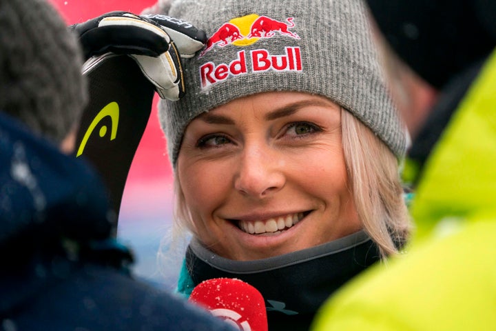 Lindsey Vonn talking with reporters on Nov. 28 in Lake Louise, Alberta. 