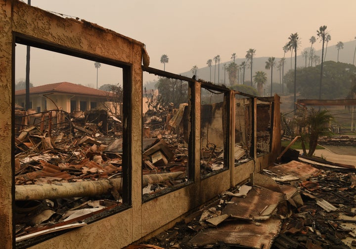 A wall stands in the burned-out Vista del Mar Hospital after the Thomas wildfire swept through Ventura, California, on Wednes