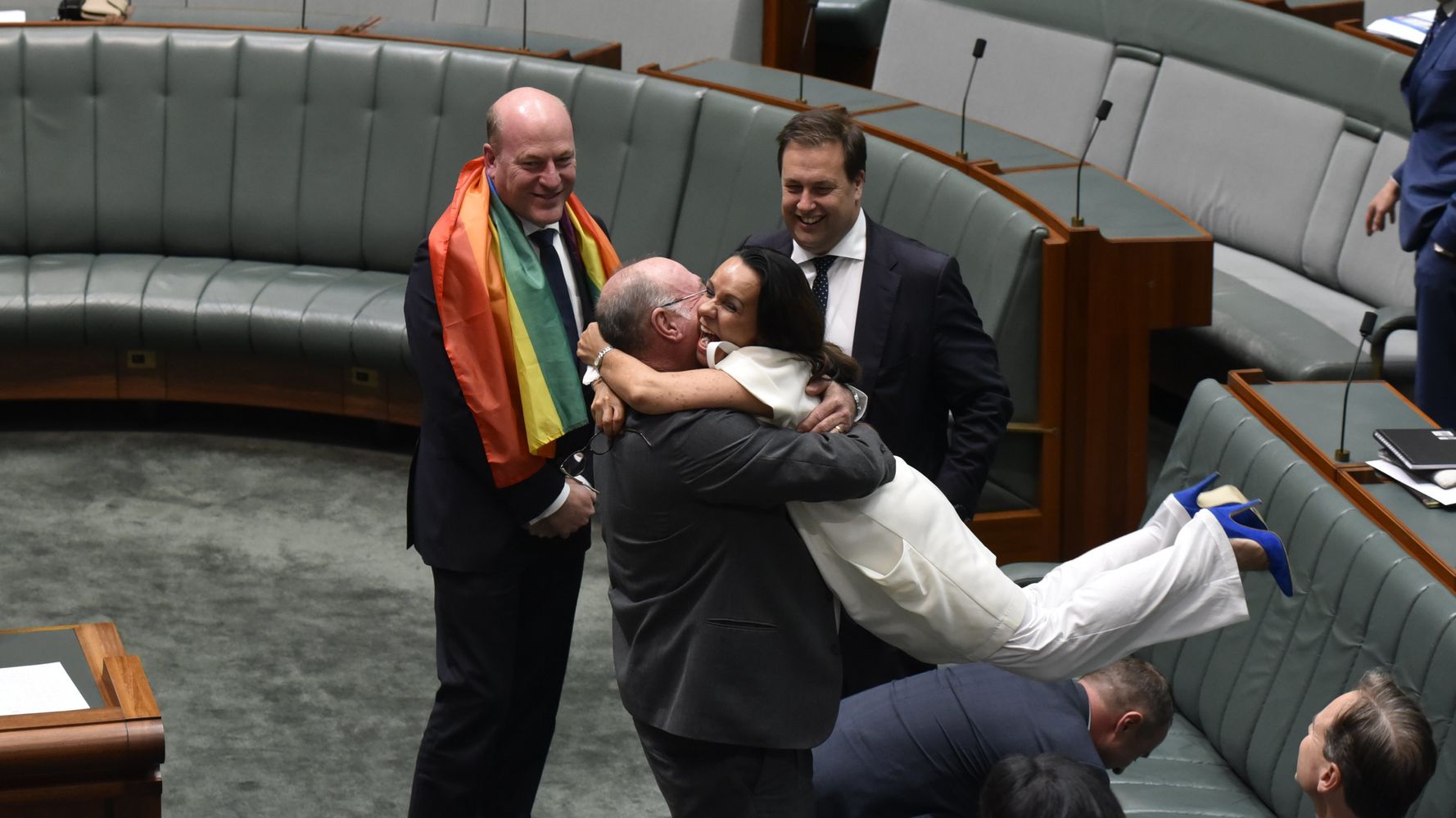 Australian Lawmakers From Opposing Parties Hug Joyously After Same Sex