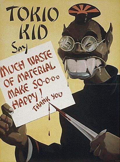 Propaganda artwork depicting "Tokio Kid," a Japanese-inspired character meant to perpetuate stereotypes that Japanese people were dangerous murderers. 