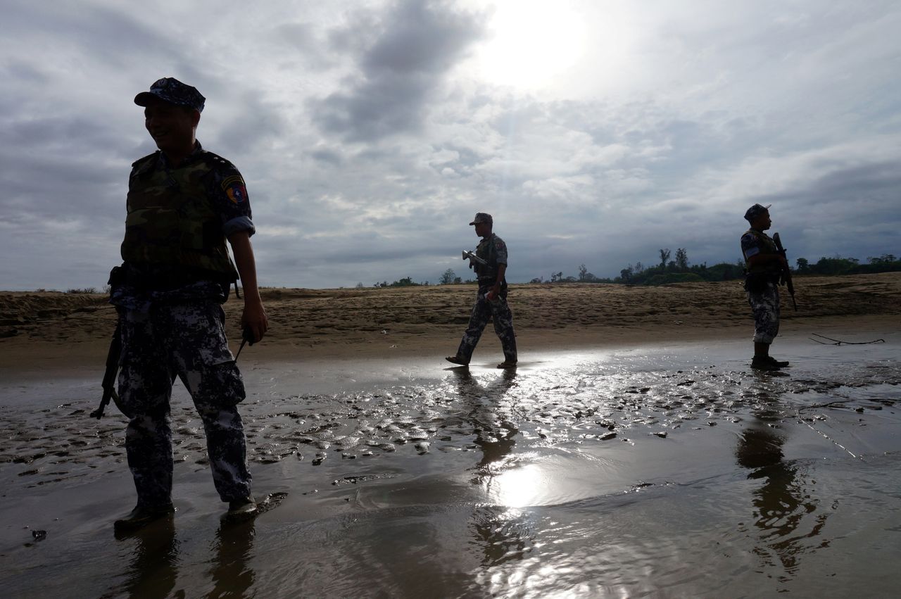 Myanmar's border police stand guard in Rakhine state.